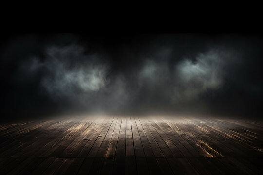 Abstract Dark Room Wood Floor Background for Product Placement with Panoramic White Fog with Spotlight