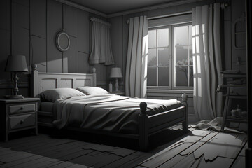 Drawing of a bedroom in a country house. Generative AI.