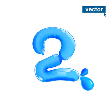 2 logo. Number two made of blue clear water and dew drops. Eco-friendly realistic 3D twisted balloons. Vector elements in plastic cartoon style. Perfect for pure nature banner, healthy filter labels
