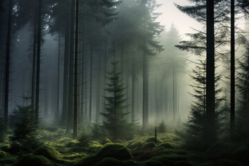 Fototapeta premium Misty Fir Pine Forest in Soft Light