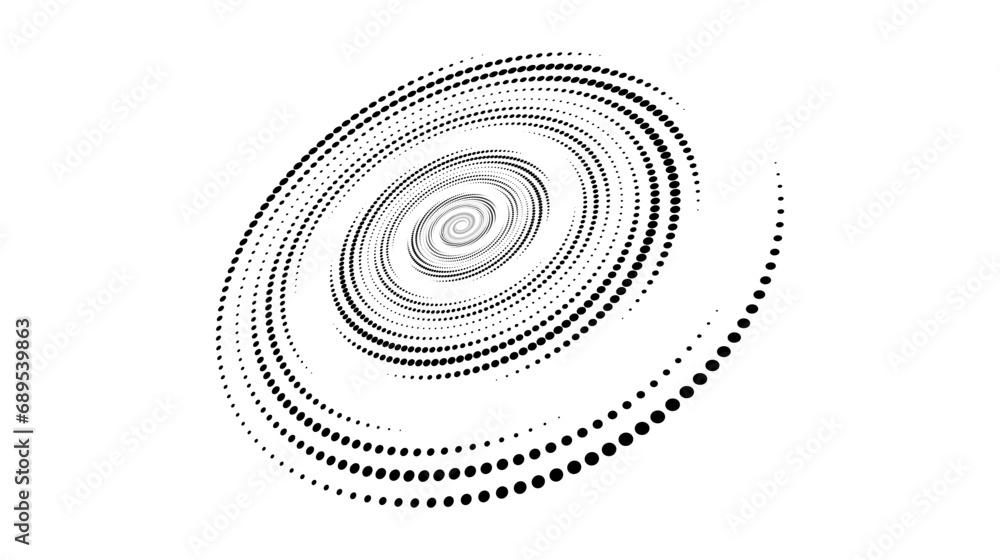 Wall mural spiral dotted line element. radial spinning halftone texture. circle swirl dots shape in perspective