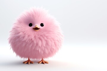 a pink fluffy bird with black eyes
