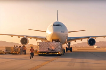 Fototapeta na wymiar Unloading goods from an aircraft at an airport.
