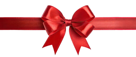 Shiny red satin ribbon bow, isolated on transparent background