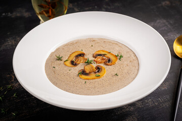 Mushroom cream soup. Vegan food. Dietary menu.