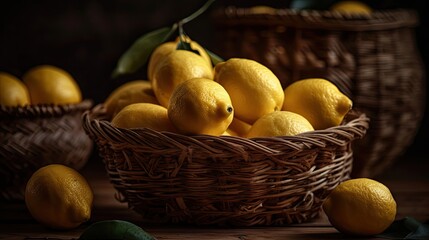Obraz na płótnie Canvas Fresh Lemon in a bamboo basket with blurred background
