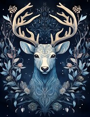 Deer with big antlers in the forest. Christmas illustration. Winter Christmas and New Year background.