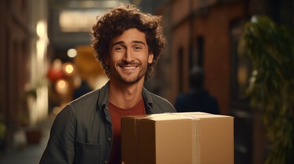 Happy young man carrying large package walk into new house with happy, new house moving concept, generative ai