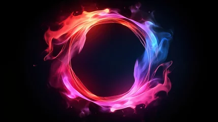 Poster Abstract neon energy sphere of particles and waves of magical glowing on a dark background, circle and loop frames with magic purple and pink flame and sparks isolated on transparent, generative ai © OP38Studio