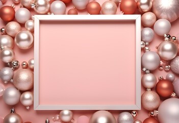 Fototapeta na wymiar Christmas background with white frame and pink christmas decorations. Festive background with white and pink paper cutout.