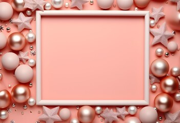 Obraz na płótnie Canvas Christmas background with white frame and pink christmas decorations. Festive background with white and pink paper cutout.