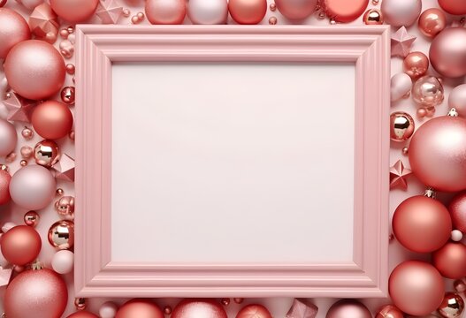 Christmas Background With White Frame And Pink Christmas Decorations. Festive Background With White And Pink Paper Cutout.