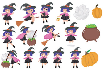 Naklejka premium set of watercolor witch on halloween celebration party. happy pumpkin