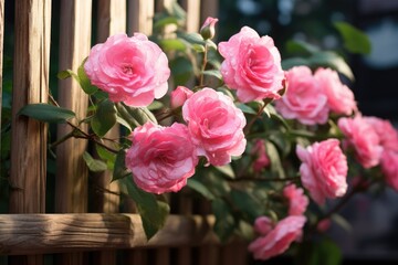Pink roses flower in beautiful scenery of old wooden fence.