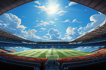 Large football stadium, seats and sky, shot with wide angle lens. Green terrain.