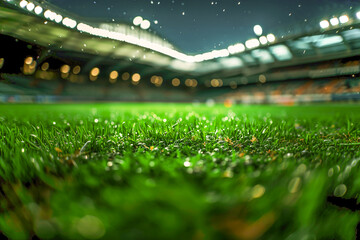 An empty soccer stadium with fresh green grass and blue sky. Football terrain.