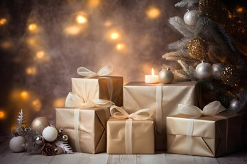 Fototapeta na wymiar Christmas gift boxes and candles on dark background with bokeh lights. 