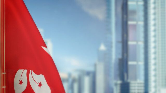 flag of Hong Kong on modern city buildings bokeh background for independence day - abstract 3D illustration