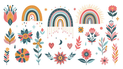 Set of rainbows and flora in boho style. Vector graphics. - obrazy, fototapety, plakaty