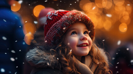 Child girl watch their New Year fireworks display amazement and delight in a snowy park in front of firework display, generative ai	 - obrazy, fototapety, plakaty