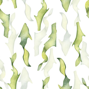 Watercolor seamless pattern of colorful laminaria illustration isolated on white. Kelp, seaweeds hand drawn. Painted algae. Design for background, textile, packaging, wrapping, marine collection