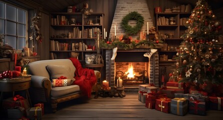 Fairy tale living room with fireplace and christmas tree. Beautiful Christmas interior with fireplace, gifts and Christmas tree. Background. - obrazy, fototapety, plakaty