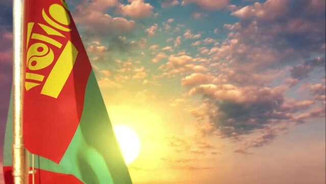 Mongolia waving flag on nice sunrise bg
