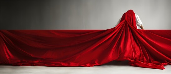 Young woman wrapped in red cloth on a gray background. cropped view of woman opening red curtain isolated on black