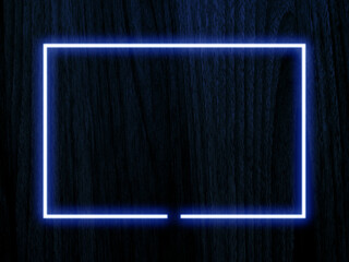 Dark wood wall background, blue neon light and rectangle shape with horizontal banner.