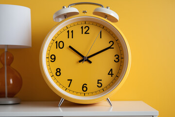 Close up one yellow metal twin bell retro alarm clock, on wall yellow background with copy space, low angle front view