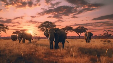 elephants at sunset in continent