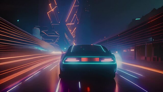 Car ride on the neon road in 80s retro synthwave style. Generated AI