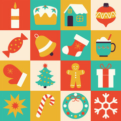 Happy New Year and Christmas seamless pattern with holiday icons elements. Trendy modern  Xmas design for wrapping paper, background, wallpaper