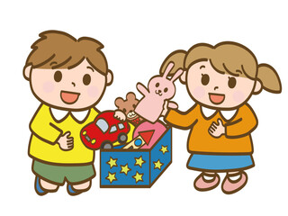  おもちゃ箱に片付ける_取り出す男の子と女の子_小学生低学年_幼児