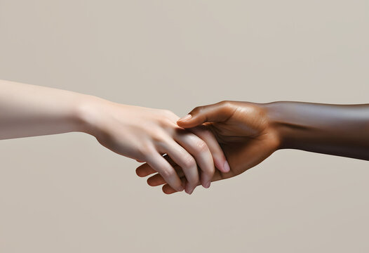 Handshake african american and caucasian women. Black and white hands holding each other. Concept of people diversity, team working, partnership, friendship, business meeting.
