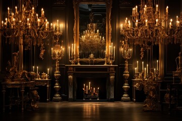 Vintage opulence with candlelit ambiance in grand room with golden baroque mirrors - obrazy, fototapety, plakaty