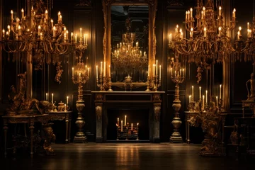 Fotobehang Vintage opulence with candlelit ambiance in grand room with golden baroque mirrors © Postproduction
