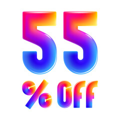 55% percent OFF cartoon vivid lettering. Realistic 3D Special Price design. Holiday Sale vector banner. Gradient emblem for Discount coupon, Buy Now promo, multicolored emblems, vibrant futuristic ad.