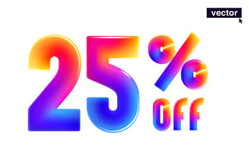 25% percent OFF cartoon vivid lettering. Realistic 3D Special Price design. Holiday Sale vector banner. Gradient emblem for Discount coupon, Buy Now promo, multicolored emblems, vibrant futuristic ad.