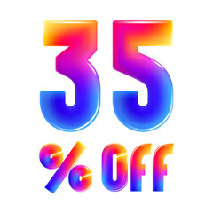 35% percent OFF cartoon vivid lettering. Realistic 3D Special Price design. Holiday Sale vector banner. Gradient emblem for Discount coupon, Buy Now promo, multicolored emblems, vibrant futuristic ad.