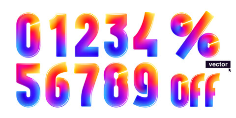 0, 1, 2, 3, 4, 5, 6, 7, 8, 9 numbers set. Realistic 3D design in cartoon vivid style. Vector illustration. Perfect icon for holiday sale banner, tech posters, multicolor emblems, vibrant futuristic ad