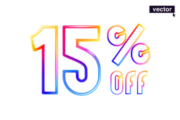 15% percent OFF vivid neon line emblem. Rainbow gradient Special Price design. Holiday Sale vector banner. Gradient icon for Discount coupon, Buy Now promo, multicolored lettering, vibrant advertising