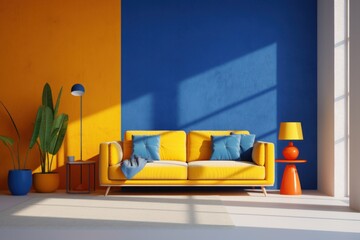 Contemporary living room interior with colorful decor and sunlight. Modern home decoration.