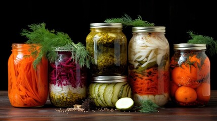 Assorted homemade pickled vegetables in jars on wooden background. Home canning.