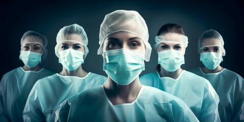 Fototapeta na wymiar Surgeons Team. Doctors wearing protective uniform after operation, looking at camera