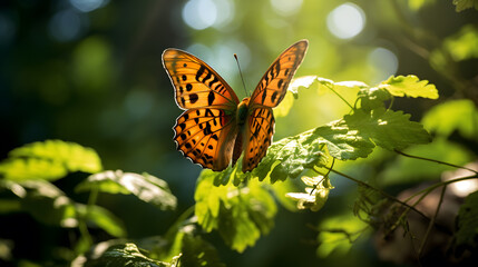 Fototapeta na wymiar A delicate butterfly, with dappled sunlight filtering through leaves as the background, during a midday nectar feast
