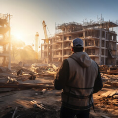 Worker on a construction site against sunset
