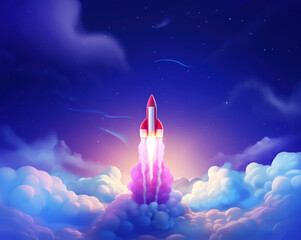 Twilight rocket ascension. Vibrant space shuttle launch against dusk sky.
