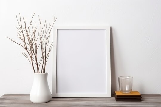 White frame with flowers in a vase on a shelf. Dry twigs in glass bottle vase on table and wall background