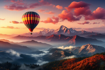Multicolored hot air balloon, flying over the cloudy sky. Generative AI.